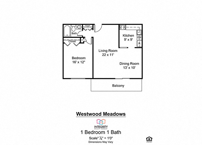 Floor plan for 1 bed, 1 bath, 850 sqft