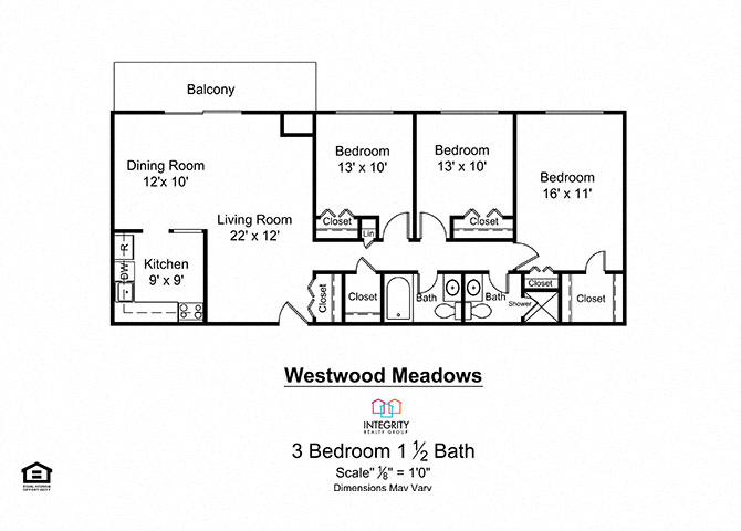 Floor plan for 3 beds, 2 baths, 1280 sqft