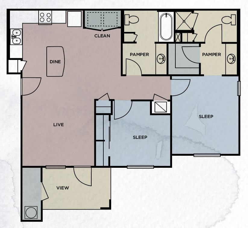 Floor plan for 2 beds, 2 baths, 981 sqft