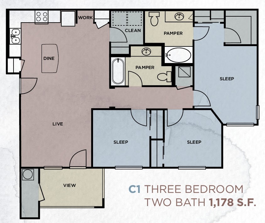 Floor plan for 3 beds, 2 baths, 1178 sqft
