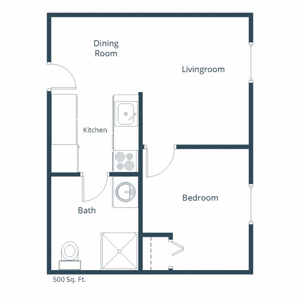 Floor plan for 1 bed, 1 bath, 501 sqft