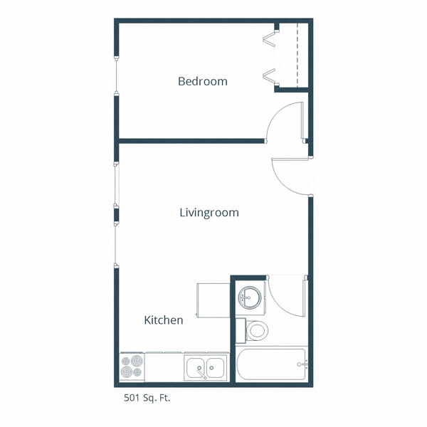 Floor plan for 1 bed, 1 bath, 501 sqft