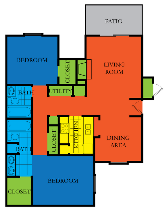 Floor plan for 2 beds, 2 baths, 1109 sqft
