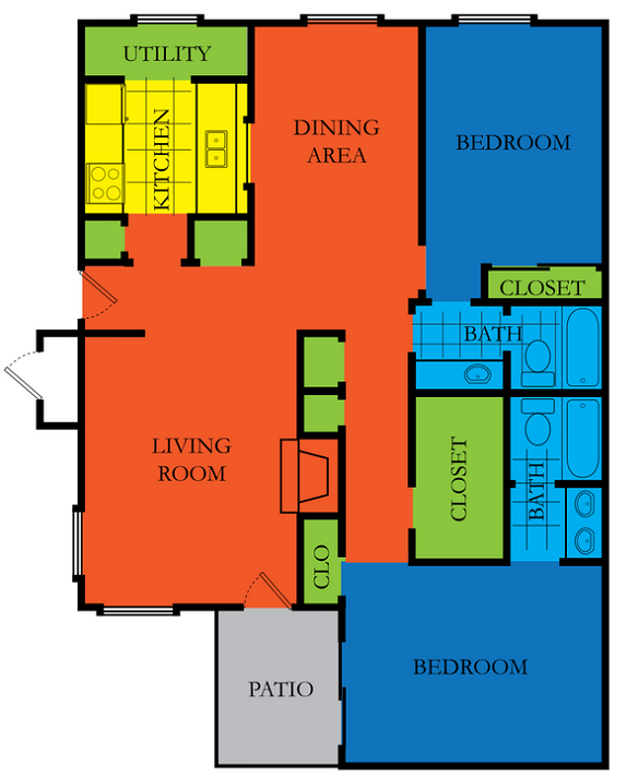 Floor plan for 2 beds, 2 baths, 1156 sqft