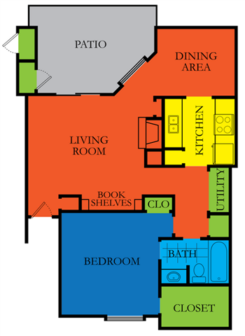 Floor plan for 1 bed, 1 bath, 748 sqft