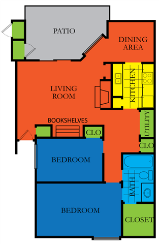 Floor plan for 2 beds, 1 bath, 964 sqft