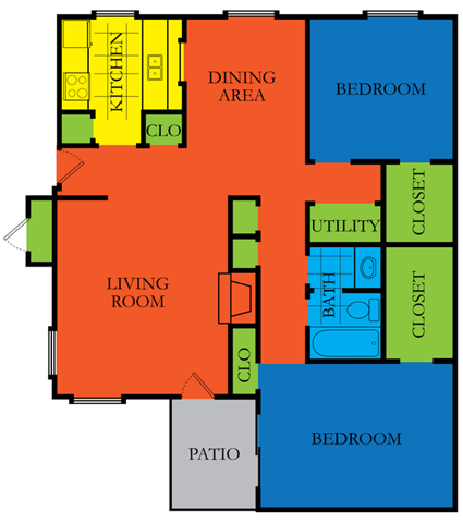 Floor plan for 2 beds, 2 baths, 1055 sqft