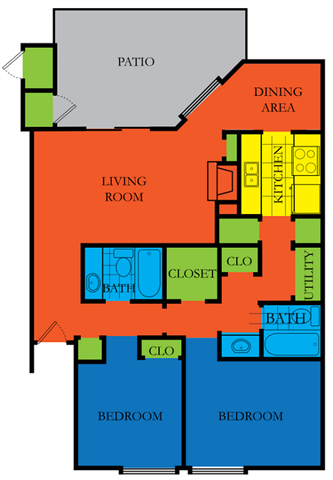 Floor plan for 2 beds, 2 baths, 1058 sqft