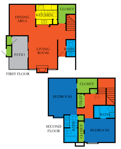 Floor plan for 2 beds, 2.5 baths, 1301 sqft