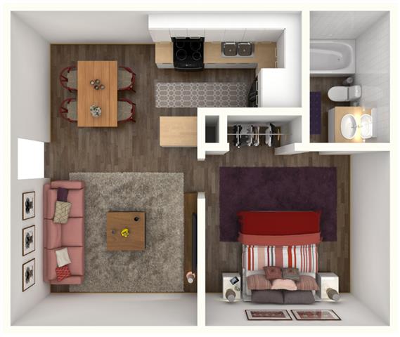 Floor plan for 1 bed, 1 bath, 500 sqft