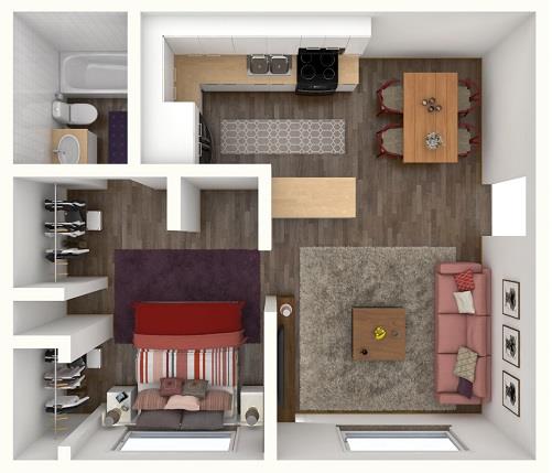 Floor plan for 1 bed, 1 bath, 500 sqft