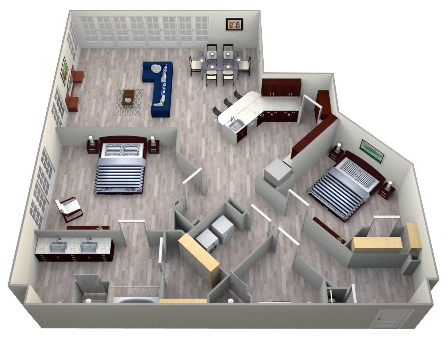 Floor plan for 2 beds, 2 baths, 1432 sqft