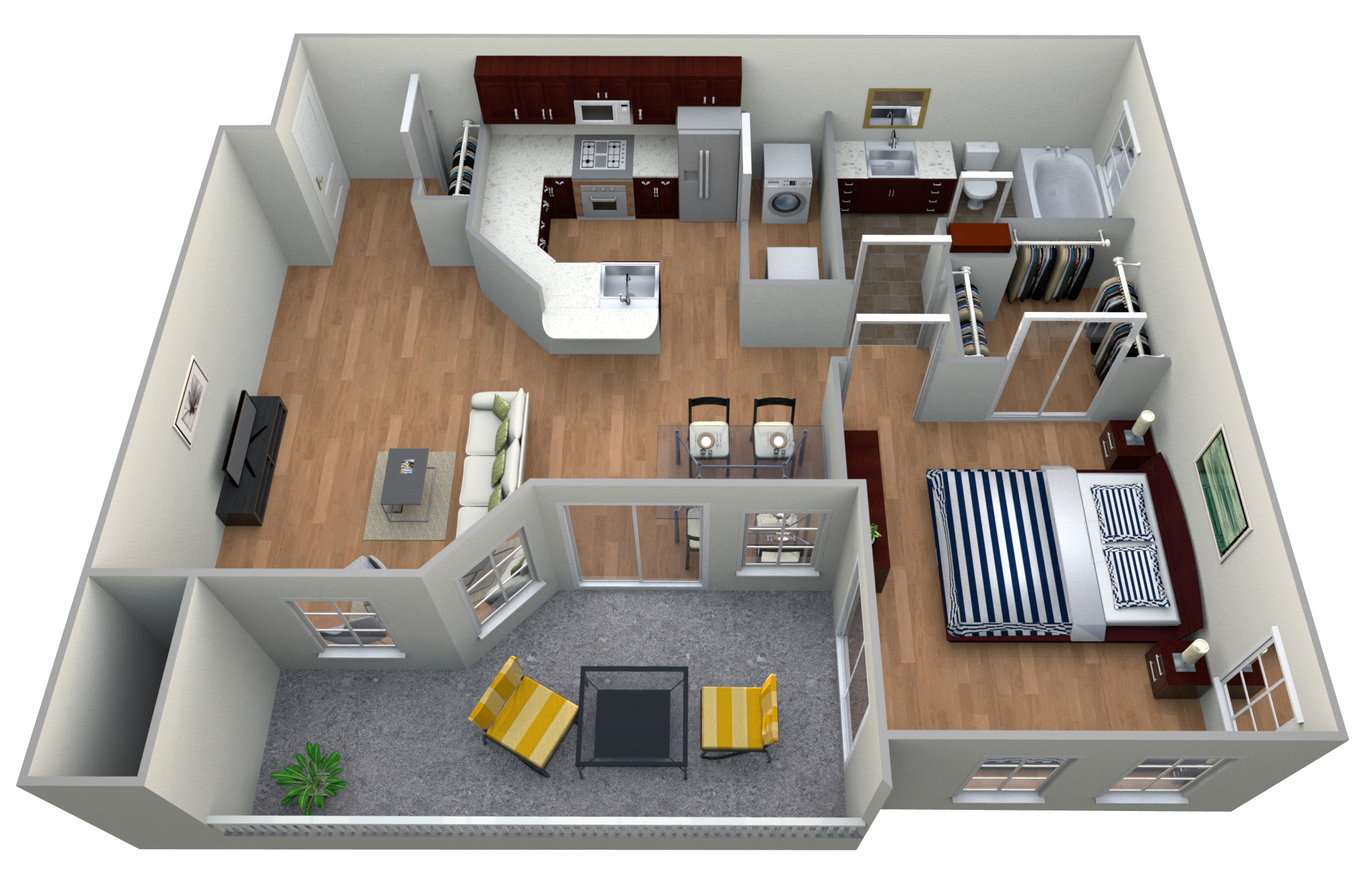 Floor plan for 1 bed, 1 bath, 730 sqft