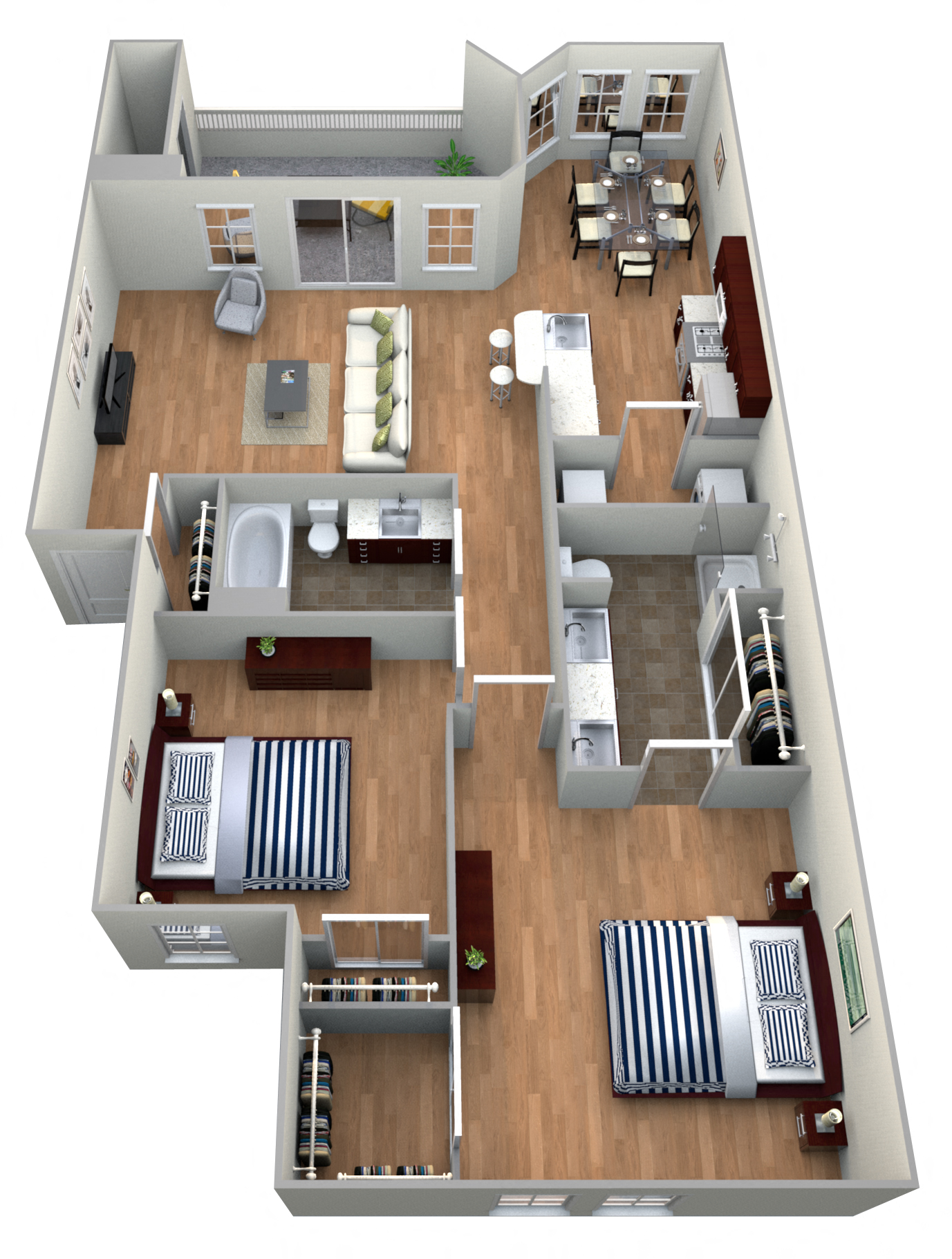Floor plan for 2 beds, 2 baths, 1055 sqft