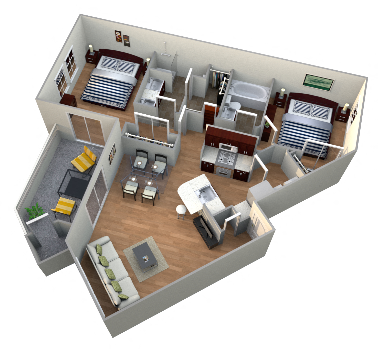 Floor plan for 2 beds, 2 baths, 1207 sqft