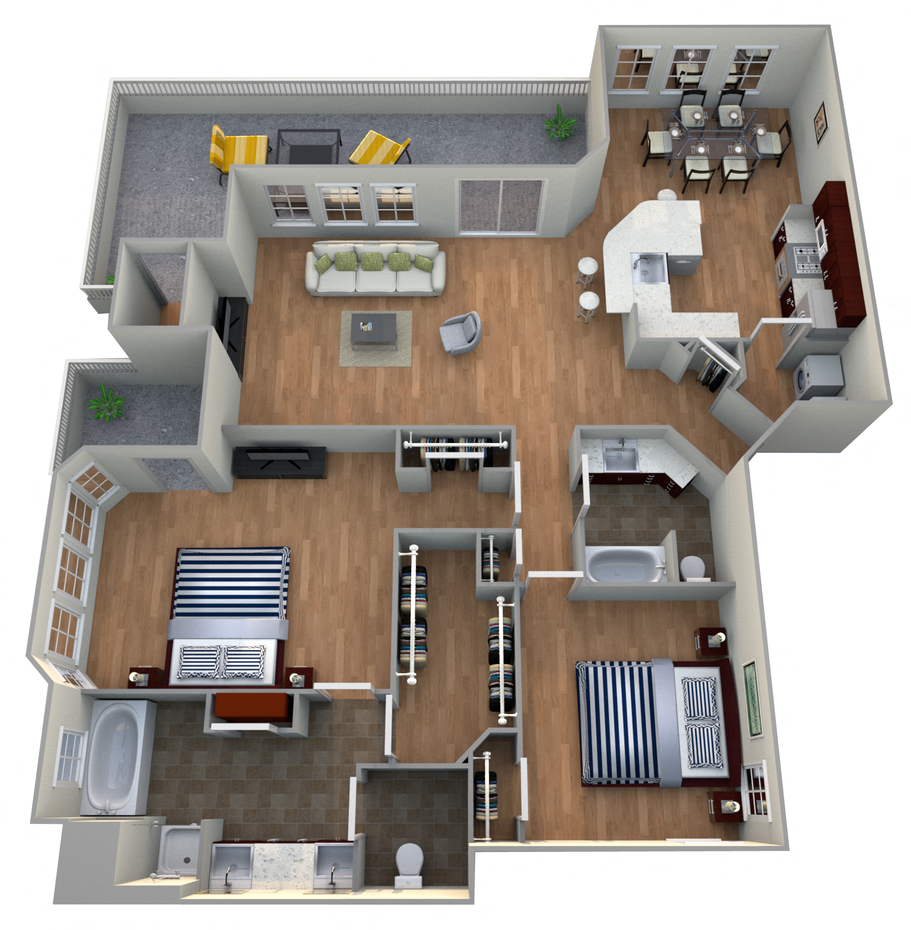 Floor plan for 2 beds, 2 baths, 1724 sqft