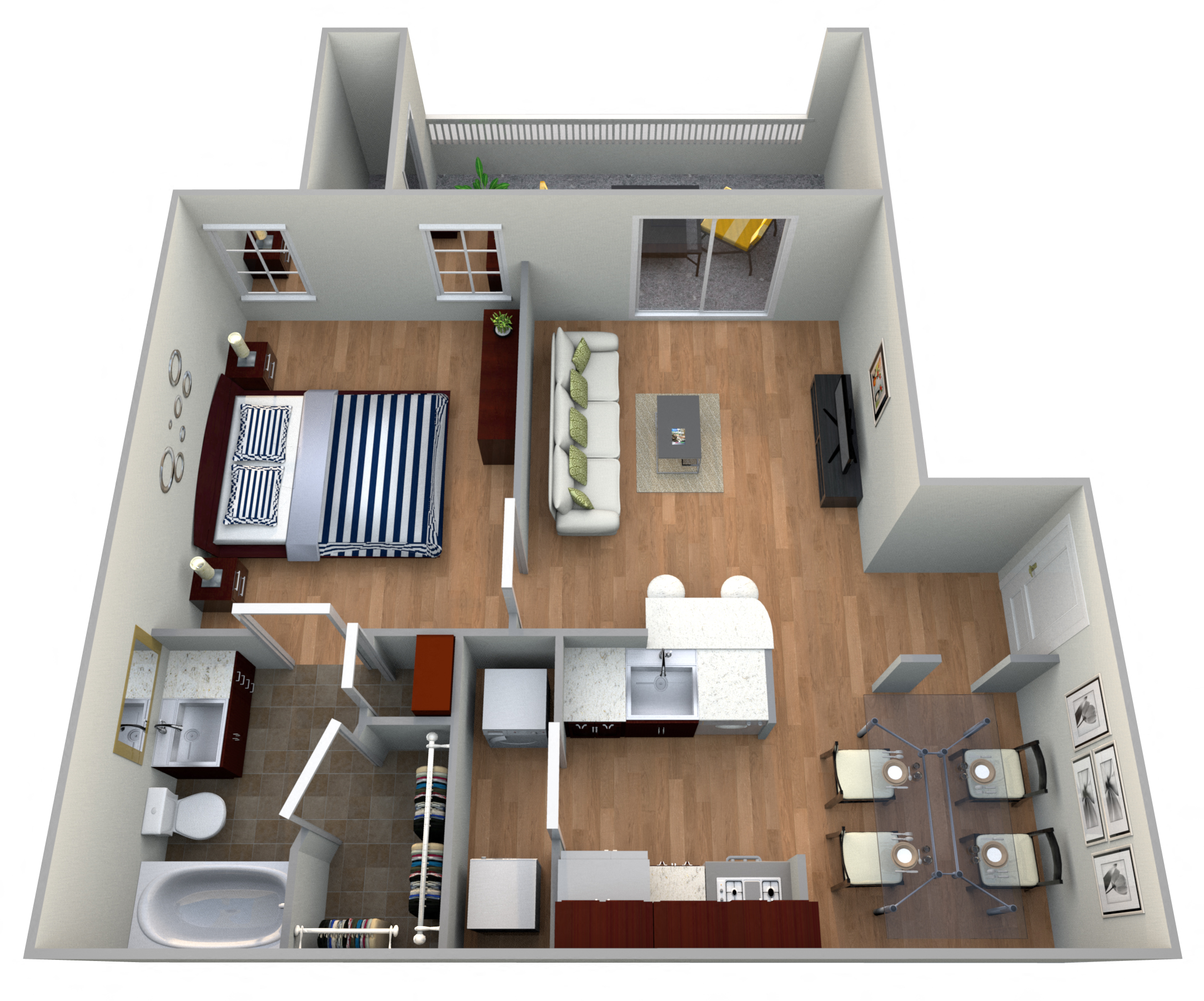 Floor plan for 1 bed, 1 bath, 635 sqft