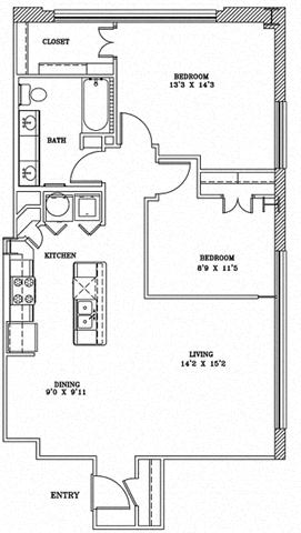 Floor plan for 2 beds, 2 baths, 979 sqft