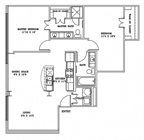 Floor plan for 2 beds, 2 baths, 1052 sqft