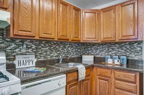 Norristown apartment for rent - a kitchen with wooden cabinets and a sink and a stove