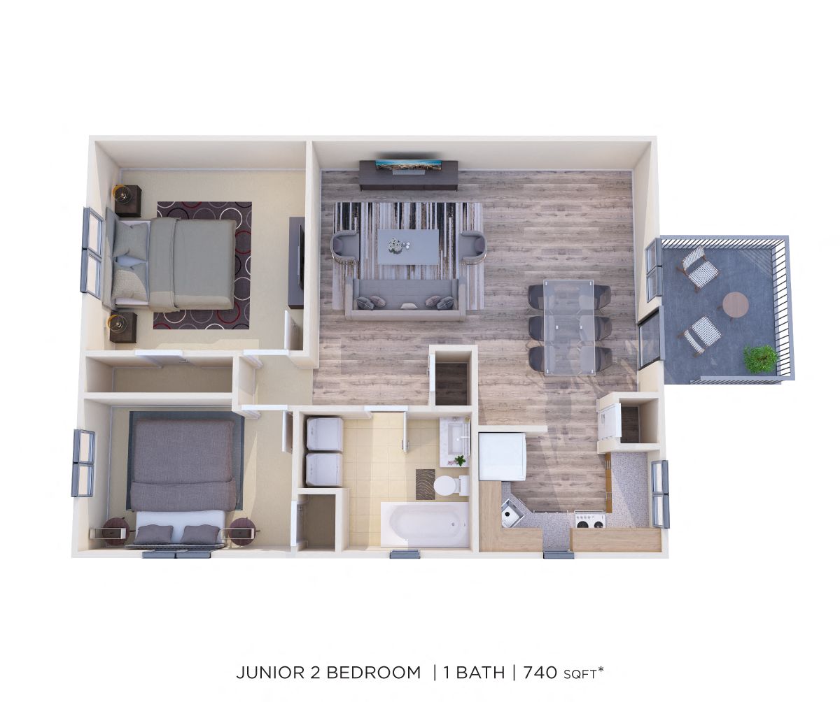 Floor plan for 2 beds, 1 bath, 740 sqft