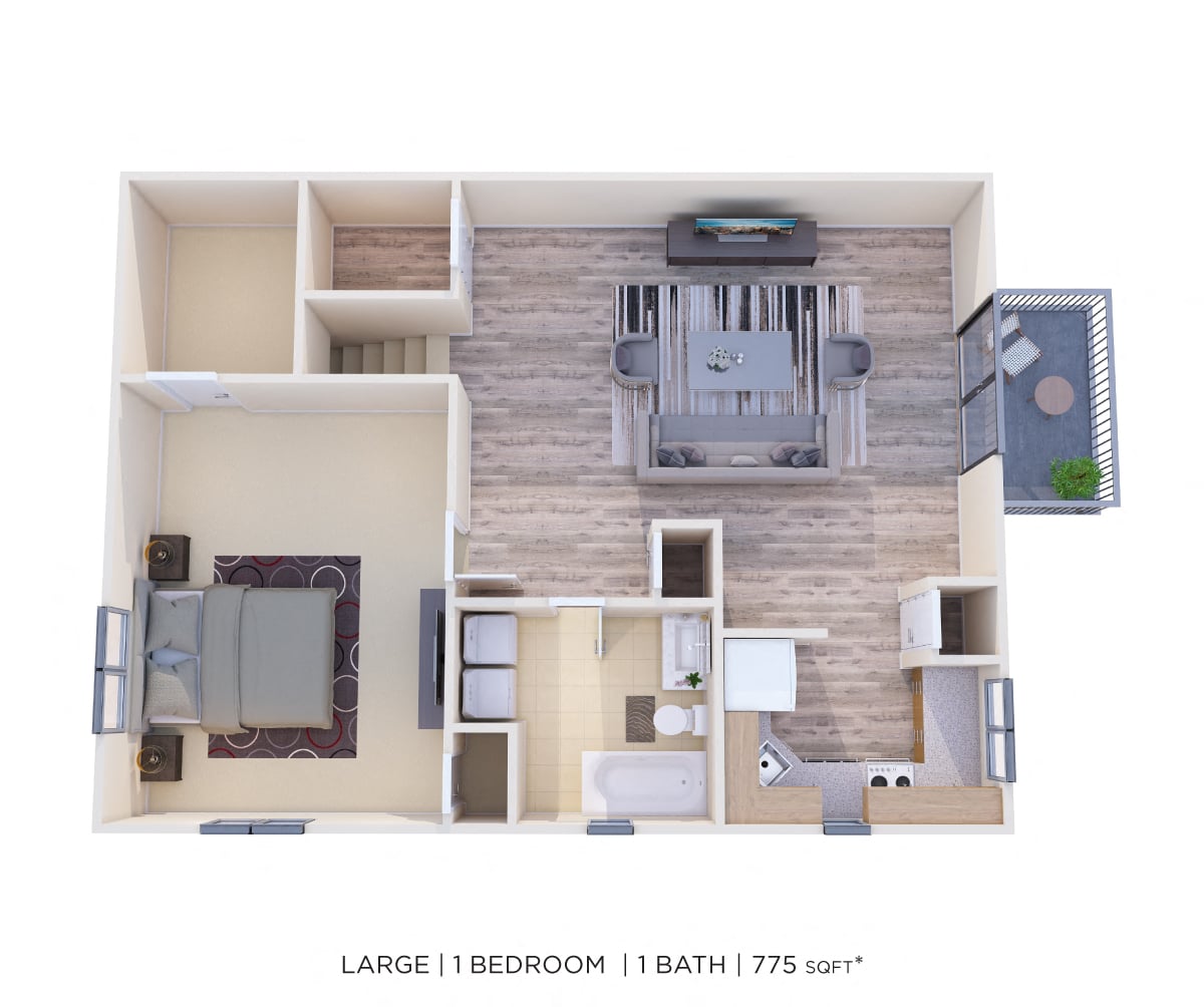 Floor plan for 1 bed, 1 bath, 775 sqft