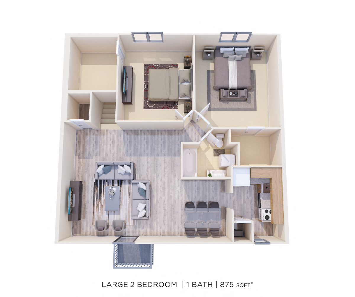 Floor plan for 2 beds, 1 bath, 875 sqft
