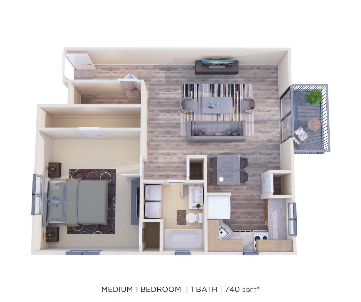 Floor plan for 1 bed, 1 bath, 740 sqft