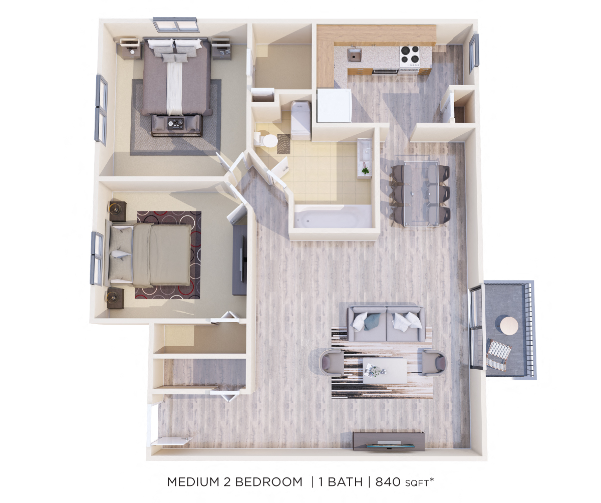 Floor plan for 2 beds, 1 bath, 840 sqft