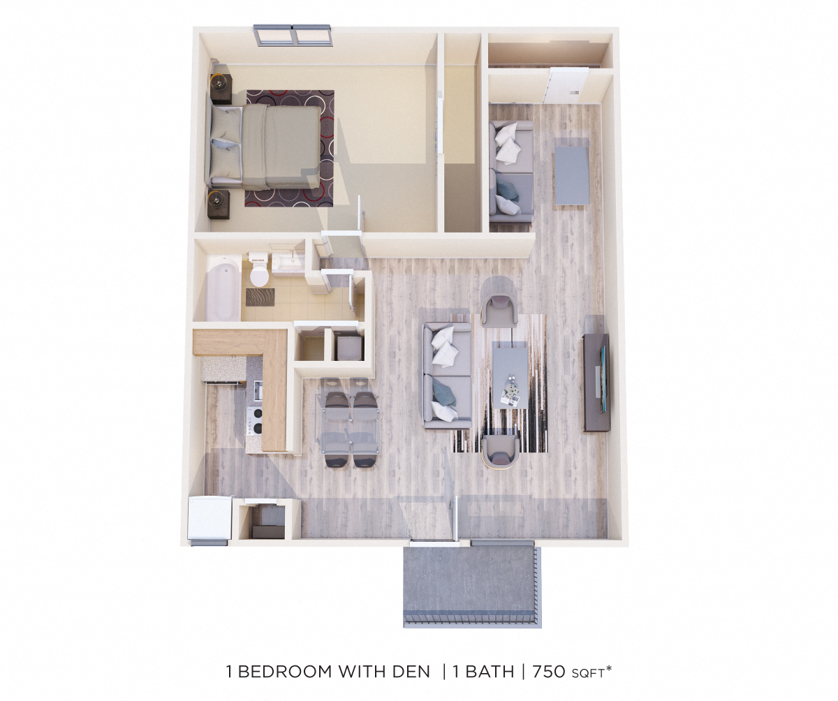 Floor plan for 1 bed, 1 bath, 750 sqft