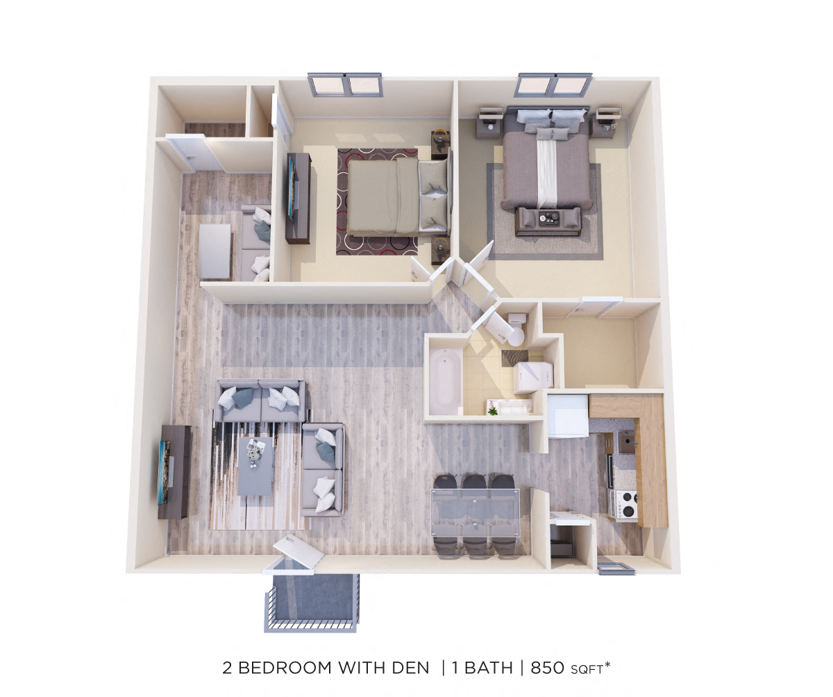 Floor plan for 2 beds, 1 bath, 850 sqft