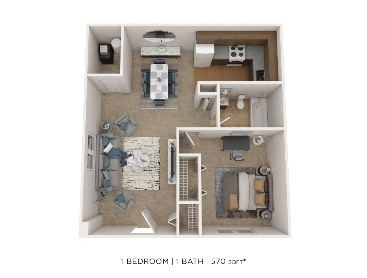 Floor plan for 1 bed, 1 bath, 570 sqft