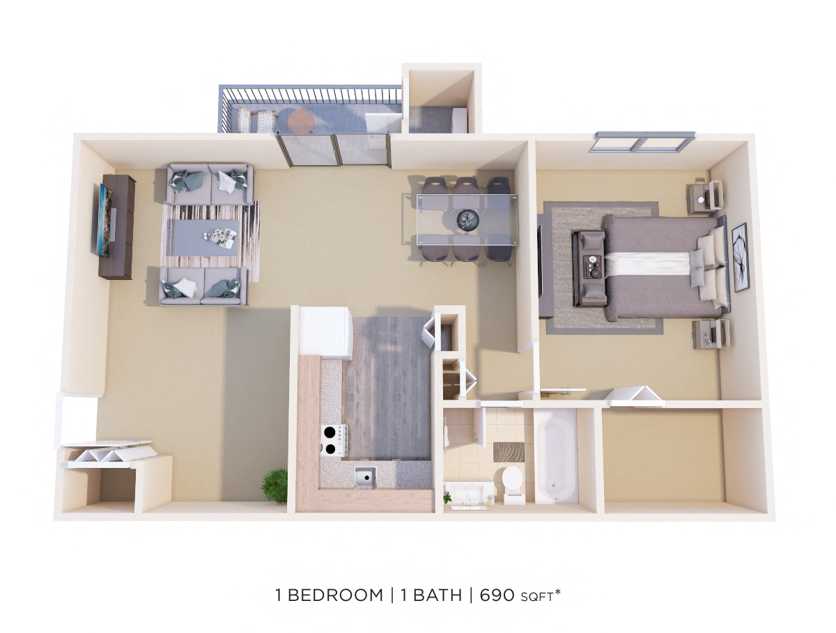 Floor plan for 1 bed, 1 bath, 690 sqft