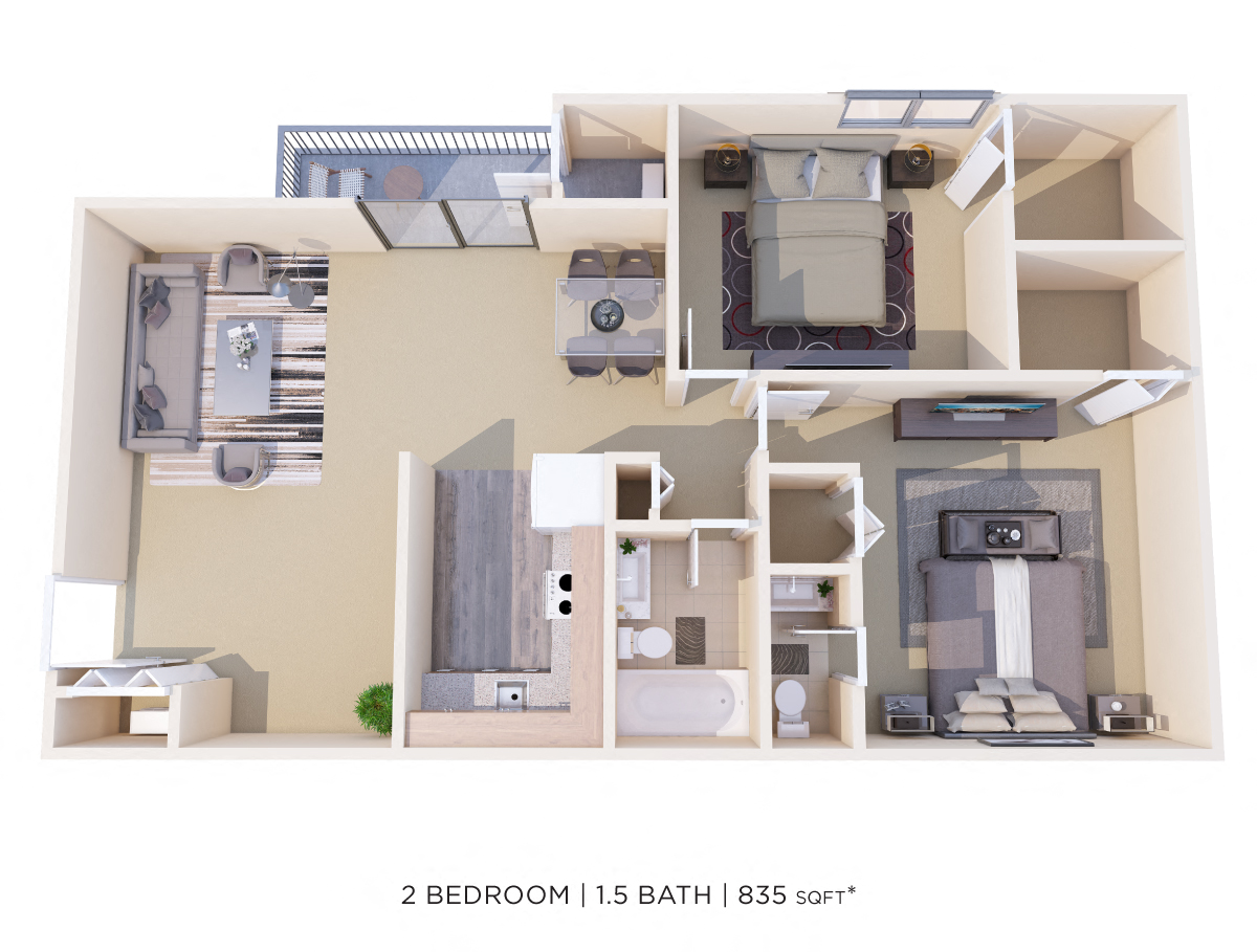 Floor plan for 2 beds, 1.5 baths, 1450 sqft