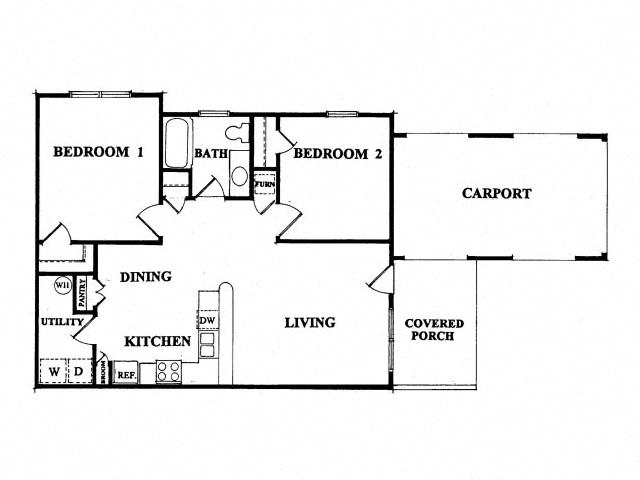Floor plan for 2 beds, 1 bath, 986 sqft