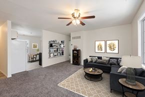 Tonganoxie apartment for rent - a living room with a couch and a ceiling fan