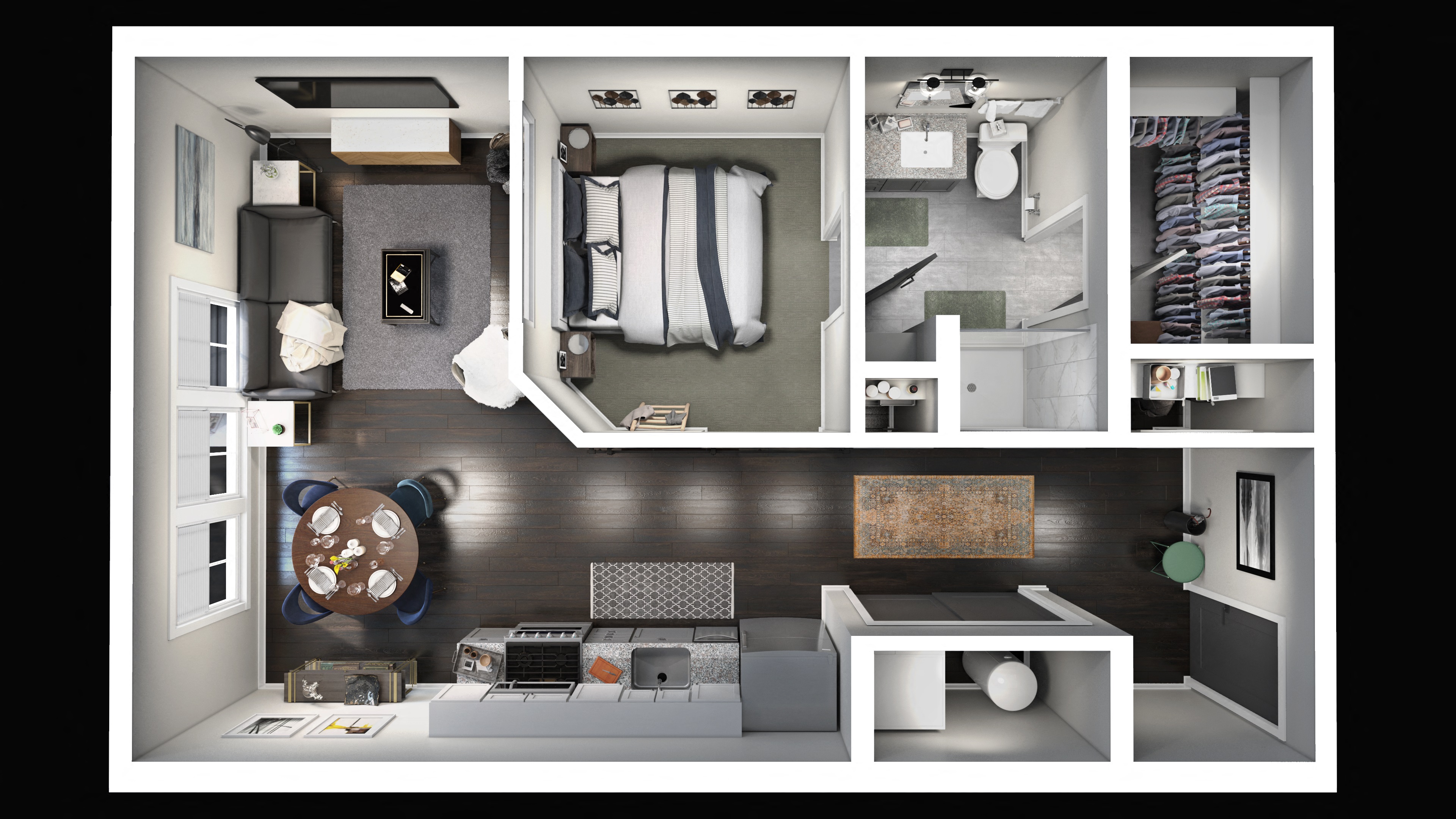 Floor plan for 1 bed, 1 bath, 682 sqft