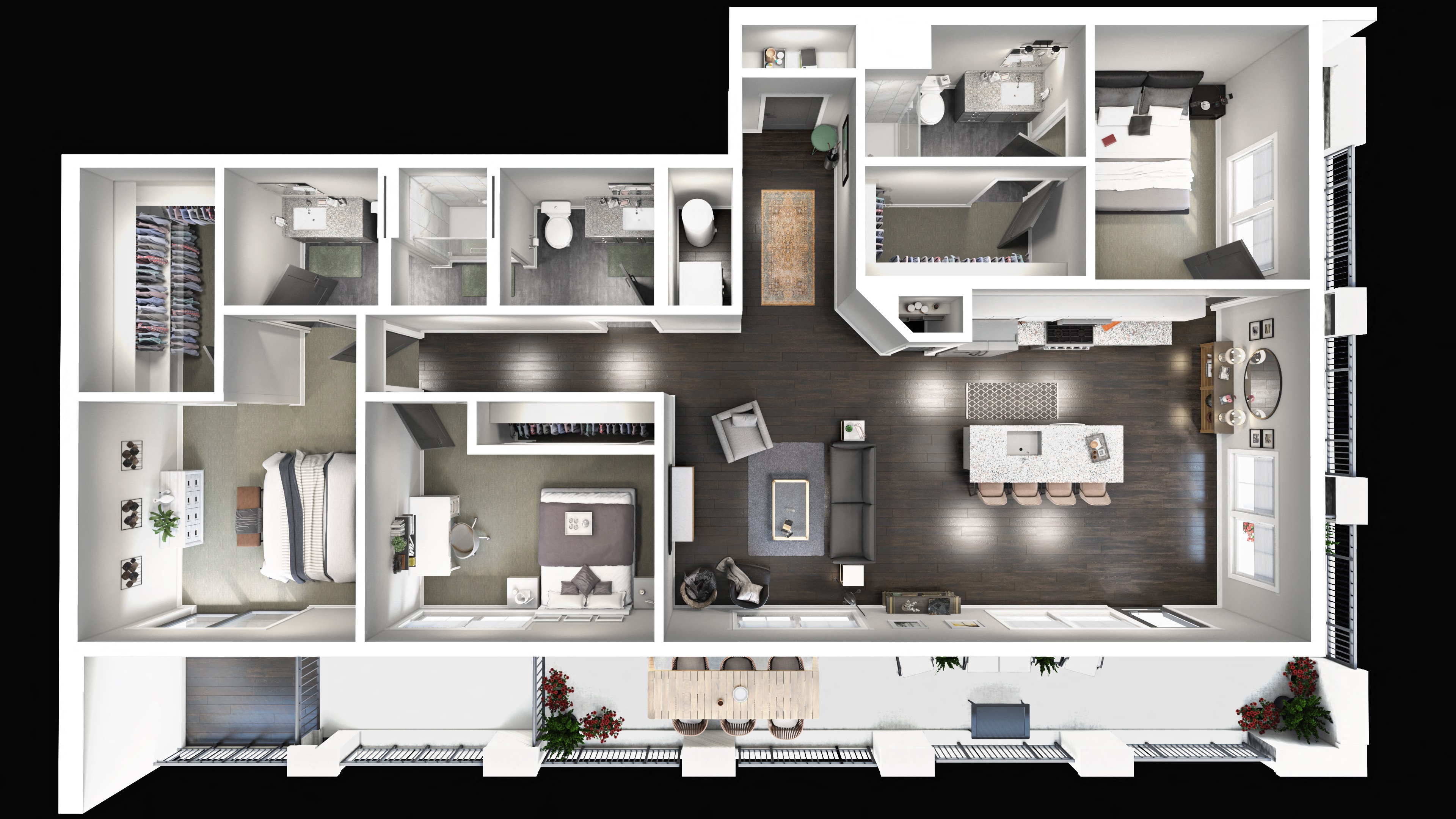 Floor plan for 3 beds, 3 baths, 1384 sqft