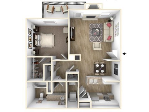 Floor plan for 1 bed, 1 bath, 892 sqft