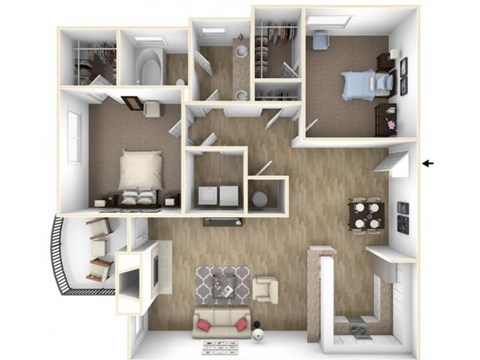 Floor plan for 2 beds, 1 bath, 1088 sqft