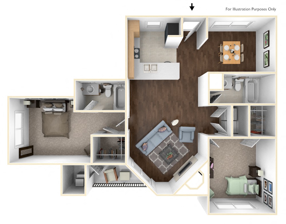 Floor plan for 2 beds, 2 baths, 1088 sqft