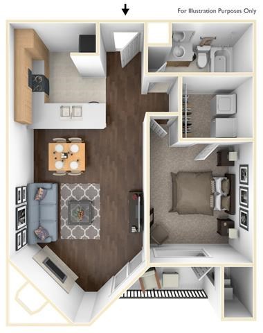 Floor plan for 1 bed, 1 bath, 698 sqft