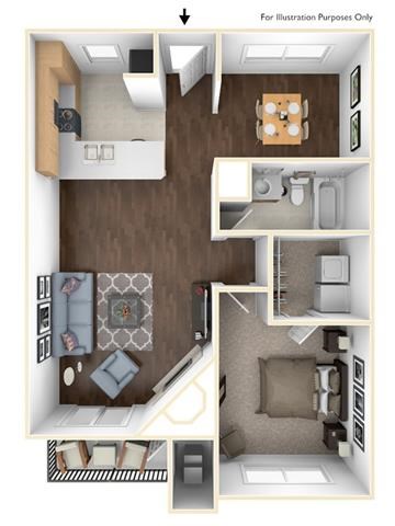 Floor plan for 1 bed, 1 bath, 822 sqft