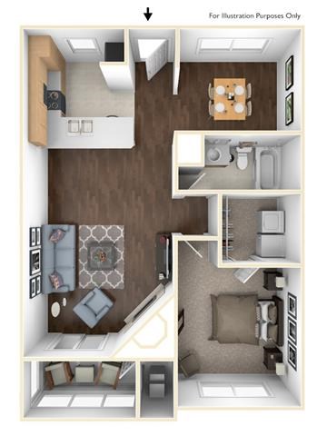 Floor plan for 1 bed, 1 bath, 893 sqft