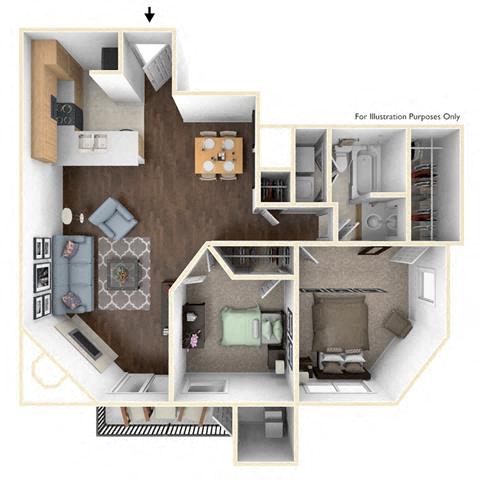 Floor plan for 2 beds, 1 bath, 1047 sqft