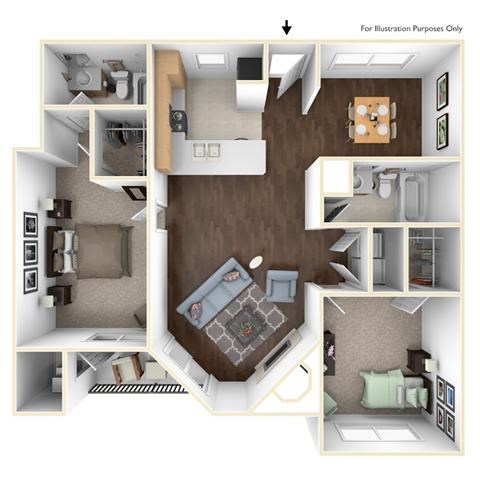 Floor plan for 2 beds, 2 baths, 1060 sqft