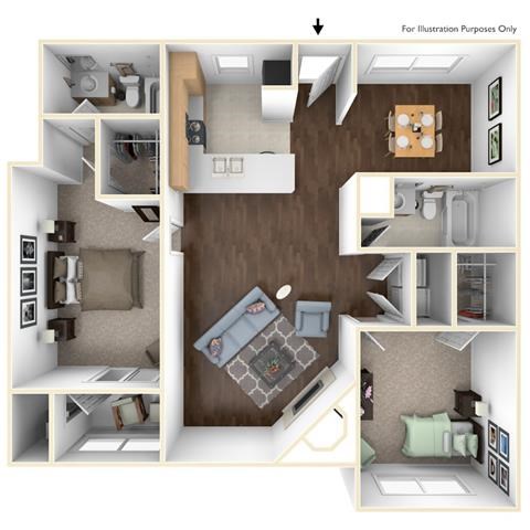 Floor plan for 2 beds, 2 baths, 1139 sqft