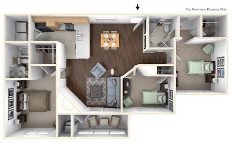 Floor plan for 3 beds, 2 baths, 1314 sqft