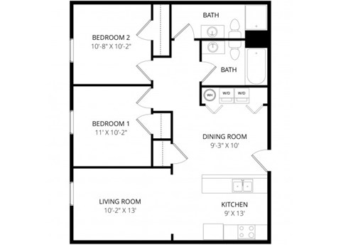 Floor plan for 2 beds, 2 baths, 950 sqft