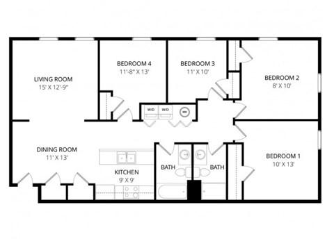 Floor plan for 4 beds, 2 baths, 1450 sqft